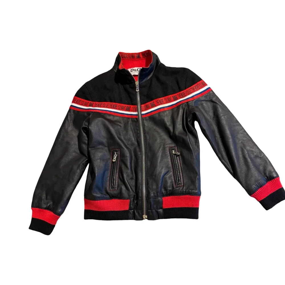 D&G Junior Sz 8 Black Lamb skin and Wool  Striped Bomber Jacket See Description